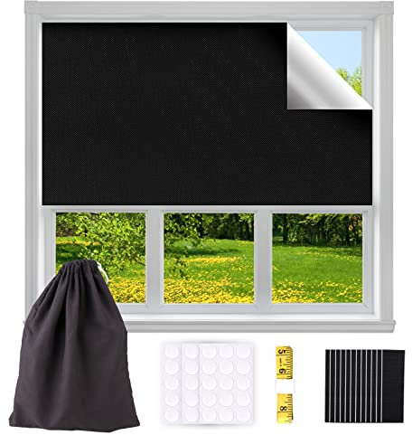 Towwoo Tessuto Oscurante 300 x 145 cm, Tenda Oscurante Portatile 100% Materiale Oscurante Finestra Lsolamento con 45 Nastro Biadesivo Rotondo e 24 Autoadesiva per Lucernari, Finestra, Camera da Letto
