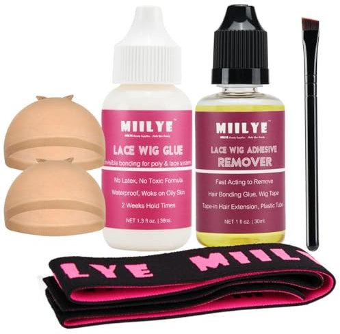 MIILYE Wig Glue for Front Lace Wigs and Remover Set, Invisible Waterproof Bonding Glue + Solvent + Lace Melting Band + Application Brush