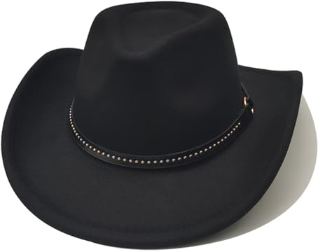 Willheoy Cowboy Hut Herren Damen Westernhut Kostüm Cowgirl Hut Unisex Cowboyhüte Schwarz Breiter Krempe mit Lederband für Erwachsene (C-Schwarz)