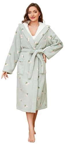 LYCY Womens Hooded Plush Robes, Soft Cute Warm Fleece Bathrobe for Women Long Embroidered Ladies Loungewear(Cherry-Light Green,2XL/3XL)
