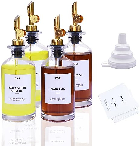 Olivoljedispenser flaska för kök, olja och vinägerdispenser set, matolja dispenser med viktad hällare, glas kaffe sirap dispenser med vattentät etikett, silikontratt (guld, 350 ml, 4-pack)