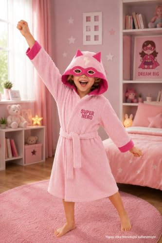ELY PARKER Bademantel Kinder Frottee, Mädchen, Handtuch aus Türkischer Baumwolle, mit Kapuze, Super-Mädchen, Rosa (11-12 Jahre) Superweich, Saugfähig, Bequem, Dick