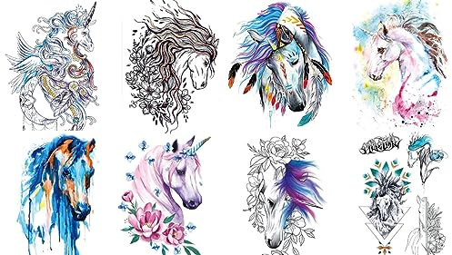 8 Blätter Tmeporary Pferde Tattoos Wasserfarben Tattoo Pferd Tattoo Einhorn Tattoo Fake Tattoo Horse 8