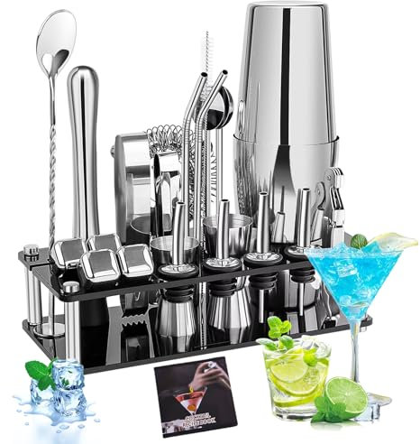 Gabrella Cocktail Shakers Set, 23PCS Cocktail Set, Cocktail Making Kit with 750ml Boston Shaker, Strainer, Jigger, Mixing Spoon, Tongs, Bottle Stoppers, Opener, Recipes for Drink Mixing, Home, Bar