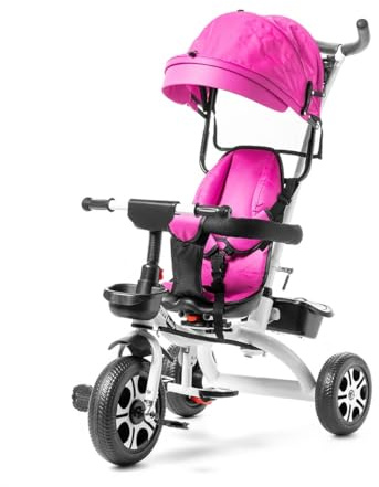 ATAA Triciclo con Asiento Giratorio Akila - Rosa - Triciclo Bebé, Asiento 360º, Triciclo para niños, Triciclo Evolutivo, Triciclo con o sin Pedales,con portavasos y 2 Cestas