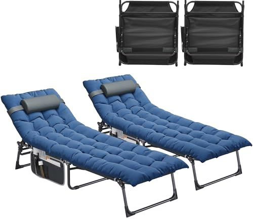 YITAHOME 2X Lettino da Sole con Cuscino 190x68x31cm Lettino da Spiaggia 4 Posizioni Regolabile Lettino Prendisole con Poggiatesta e Tasca Capacità 200KG per Giardino, Spiaggia, Campeggio, Blu