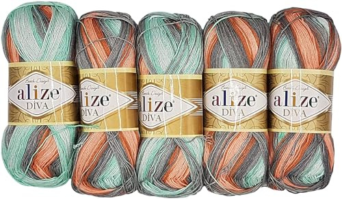 5 x 100 Gramm Ilkadim Export Diva Batik Strickgarn mehrfarbig mit Farbverlauf, 500 Gramm merzerisierte Strickwolle Microfiber-Acryl (grau lachs mint 5550)