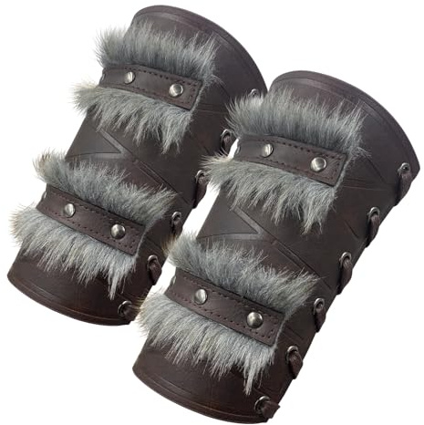 HiiFeuer Nordische Wikinger Barbaren Armschützer, Mittelalterliche Kunstpelzstulpen, Vintage Kunstleder Armschienen für LARP (Braun A)