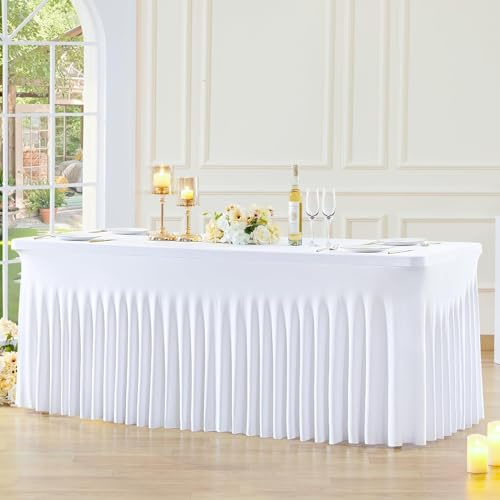 1-Pack Weiß Spandex Elastisch Tischdecke mit Rock, Faltenfreie Fitted 1.8m Rechteck Tische Weißer Stretch Tischdecken für Parteien Hochzeiten Geburtstag Bankett Baby Dusche