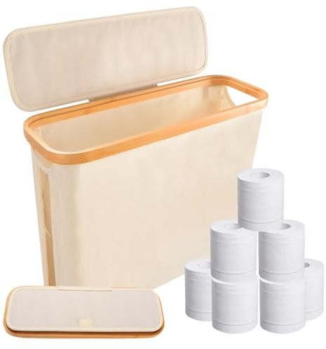 Cestino per Carta Igienica con Coperchio, Porta Rotolo Carta da Terra, Bambù Organizer Bagno con Finestra Trasparente, Cestino Porta Carta Igienica per 12 Rotoli Carta, 45 x 15 x 35 cm, Beige