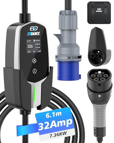 EVDANCE Typ 2 Ladekabel mit CEE Stecker [7.36kW, 1 Phase, 6.1m, 10A-32A] IP66 Wasserdicht, Tragbares EV-Ladekabel und Mobile Wallbox Ladestation für Elektroauto & Hybrid(PHEV/EV), Silber
