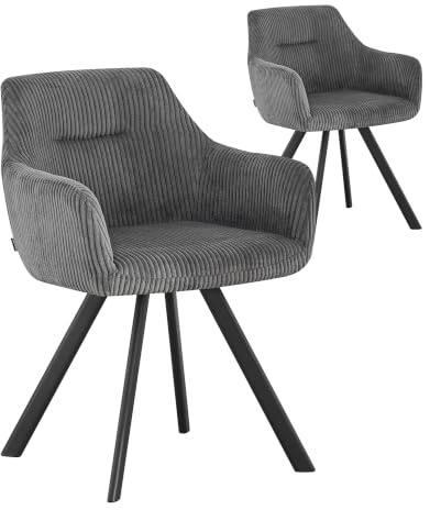 B&D home® Esszimmerstühle Cyrus 2er-Set – Polsterstuhl mit Armlehnen, Cordstoff Dunkelgrau, stabiles Metallgestell schwarz, moderner Industrial-Look für Küche, Esszimmer & Wohnzimmer