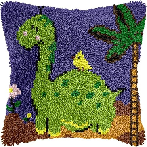 Dinosaur Latch Hook Kits Pillow for Adults Throw Pillow Pre-Printed Patterns Pillowcase Needlework Crochet Yarns Latch Hooking Cushion for Sofa Decor 17x17inch(y39)