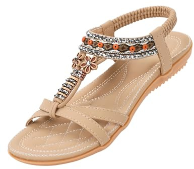 ZOEREA Platta sandaler för kvinnor sommar strass blomma strand flip flops damstringtrosor elastisk T-rem bohemiska skor passar ledig semester, D beige, 41.5 EU