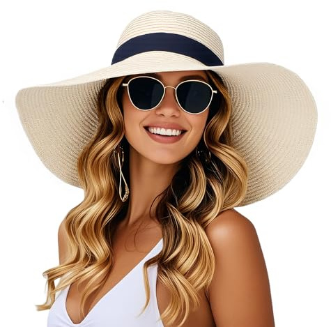 powerking Cappello da Sole di Paglia a Bordo Ampio, Cappello da Sole a Protezione UV per la Spiaggia Pieghevole per Le Donne