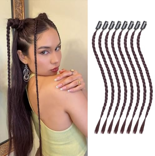 XFSRG 8 PCS Haarteil Damen Groß Braid Haarteile Echthaar Lange Geflochtener Ponytail Verlängerung Natürliches Haarverlängerung Zopf Dutt Gelockt Haargummi Haaren Hochsteckfrisuren (Dunkelbraun)