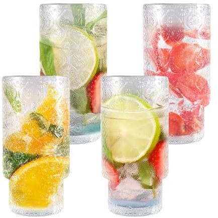 Henrrida 310ml Drinking Glasses Set of 4 Glass Tumblers,Retro Embossed Iced Coffee Cups, Glass Drinking Cups are Used for Juice, Cocktail Glasses, Iced Latte, Whiskey, Juice, Matcha Mixed Drinks