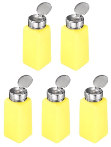 sourcing map 5pcs Solvent Alcohol Dispenser 250ml(8.5oz) Nail Polish Remover Push Down Liquid Dispenser Pump Bottle with Stainless Steel Press Head for Acetone Solution, Yellow