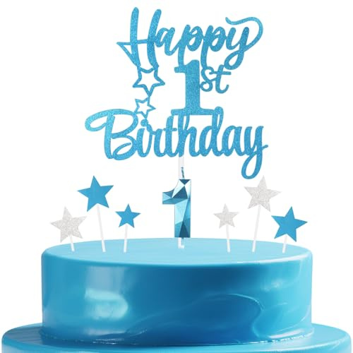 mciskin Blue 1st Birthday Candles Cake Toppers Set,3D Number 1 Candle for Cake,Light Blue Candles Silver Star Toppers for Girls Boys First Birthday Decorations Party Supplies