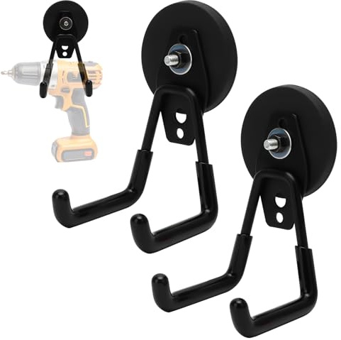 LOMUG Wandhaken Garage Magnethaken Extra Stark, Magnet Haken mit Doppelhaken, Starke Magnete Wall Hooks Heavy Duty für Garten, Schuppen, Werkzeugraum (2, 6.6mm-Schwarz)