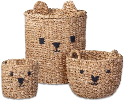 Aufbewahrungskorb mit Deckel Seegras Bär Spielzeugkorb Boho Kinderzimmer 3-er SET