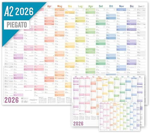 Häfft® väggkalender 2026 A2 på italienska Rainbow (59,4 x 42 cm) vikt, väggplanerare med helgdagar i Italien + extra A3 & A4 kalender - hållbar & klimatvänlig