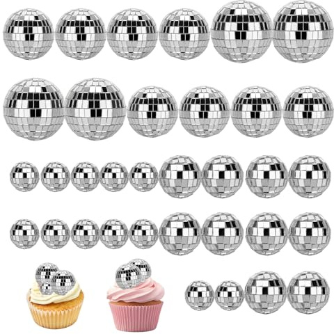 Foonary 34 Stück Discokugeln Set – Kleine Silberne Spiegelnde, Disco Ball Cake Toppers, Mini Discokugel Deko Für Tortendeko, Deko Discokugel für Kuchendekoration, Party & Bar (2cm 3cm 4cm 5cm)