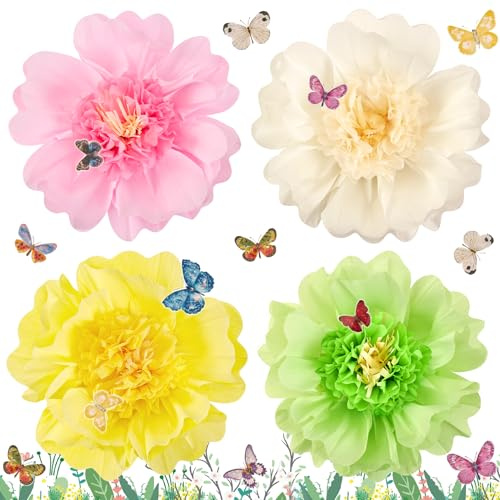 SUNBEAUTY 4 Stück Bunt Papierblumen Pompons Deko 3D Schmetterling Pastell Papierblumen Zum Aufhängen Papier PomPoms Blumen für Gartenparty Hochzeit Geburtstag Tea Babyparty Frühling Deko