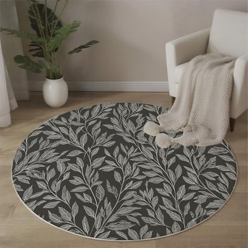 Tappeto Rotondo Per Soggiorno, Antiscivolo, Per Camera Da Letto, Foglie Salice Dipinte A Mano, Morbido, Lavabile In Lavatrice, Soggiorno, Non Perde Pelo, Grigio Scuro Stampa D'Arte Moderna