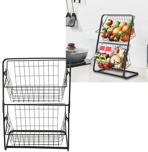 Yechiry 2-vånings Fruktkorgskål, Köksfruktförvaringskorg med Förvaringslåda, Multifunktionellt Kolstålnät Ihålig Design Köksarrangör för Grönsaker Potatissnacks