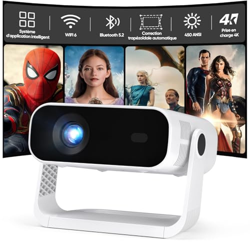Videoprojecteur Intelligent avec Apps Intégrées, 1080P Natif, Supporte 4K, 450 ANSI, Autofocus Élec, Correction Trapezoidale Auto, WIFI6 & Bluetooth 5.2, Connectable à Android, iOS, Console, Laptop