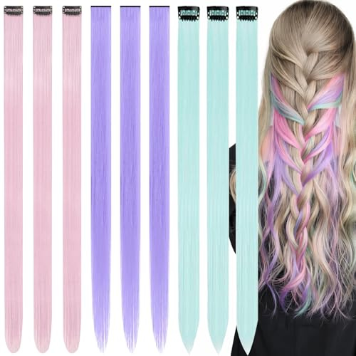 BaZuyunMd 9 extension colorate per capelli sintetici da intrecciare, ciocche di capelli da agganciare, adatte per feste, celebrazioni e giochi di ruolo (rosa chiaro, viola chiaro, verde chiaro)