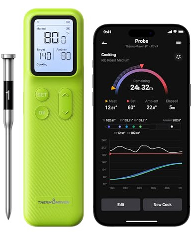 ThermoMaven Smartes Bluetooth Fleischthermometer Kabellos, Basisstation, WLAN Unbegrenzte Reichweite, NIST-zertifizierte Genauigkeit, App Warnungen, Für Grill, Ofen, Smoker, BBQ (Frisches Grün)