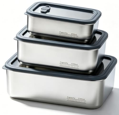 GAOUTO Set di 3 contenitori ermetici in acciaio inox con coperchio in vetro, 650 ml + 1300 ml + 2300 ml, contenitori ermetici per alimenti in acciaio inox, per frigorifero e meal prep