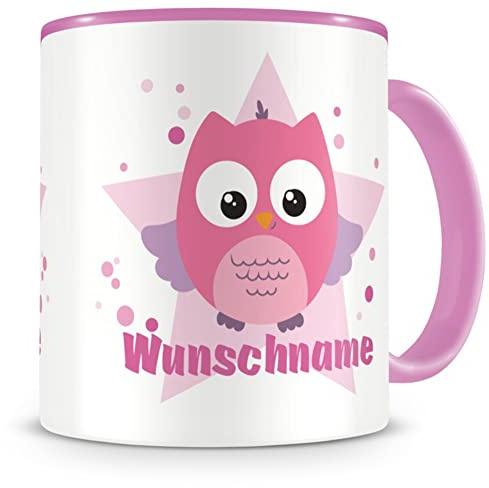 Samunshi® Kindertasse mit Namen Tasse rosa Eule Personalisierte Tasse mit Namen Kinder Kinderbecher personalisierter Text Namenstasse Kindergarten rosa 300ml