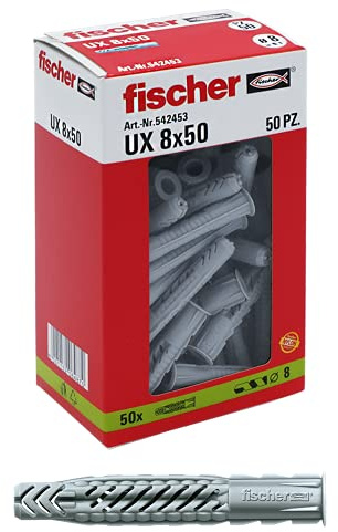 Fischer 542453 50 Chevilles pour mur plein, brique perforée, cloison sèche, 542453, ‎Gris, 8 x 50 mm