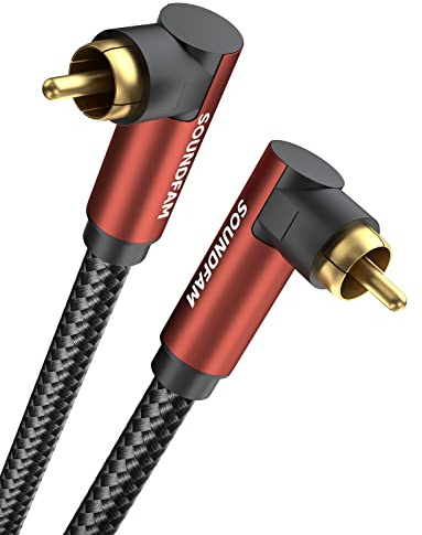 SOUNDFAM 90 Degree Right Angle RCA Subwoofer Cable, Dual Shielded 24K Gold-Plated Coaxial Audio Cable for Home Theater, S/PDIF - [ 3.3ft/1M, Red, 2 x 90° RCA Plug ]