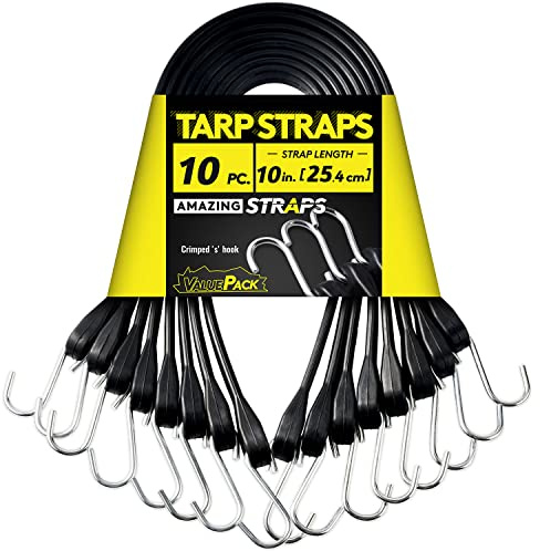 10'' Rubber Bungee Cords Heavy Duty Outdoor with 18 Max Stretch & Over 176 lbs Load, 100% EPDM Black Bungee Straps with Crimped S Hooks for Cargo, Tarps, Truck, Motorcycle, Weatherproof (10 Pack)
