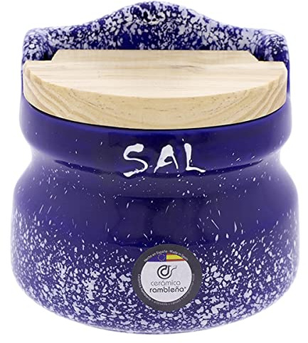 RAMBLEAND KERAMISK | Saltskål kök | Saltskål med trä | Keramisk salt | Original Saltskål | Dekoration Modell 11 | 100% Handdekorerad