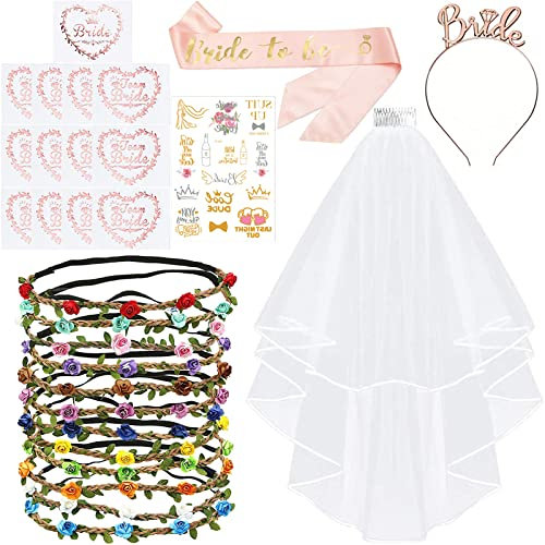 Sposa Gadget, 29Pcs Kit Coroncine Fiori Sposa con 12 Coroncine Fiori, 12 Team Sposa + 1 Sposa Tatuaggi, Velo, Fascia Sposa Tiara per Bachelorette Party