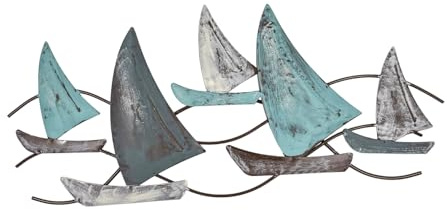 Seaside No.64 - maritimes Wandobjekt in Form von Segelbooten - 5 Kutter/Galeeren in creme, grau und blau aus Metall - Zeitlose Wohndekoration zum Aufhängen in allen Räumen