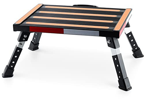 Yagud RV Stool, Adjustable Height Folding Step Stool with Non-Slip Surface, Rubber Feet, Handle and Reflective Strips, Aluminum Platform Step Supports Up to 1000lbs, Black