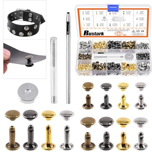 Rustark 360 Sets Leder Nieten Doppelkappen 3 Größen 4 Farben Doppel Kappe Niete Hohlnieten mit Werkzeug Set für DIY Leder Handwerk (6x6mm, 8x8mm, 8x12mm)