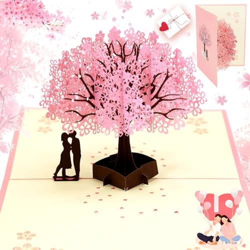 Hochzeitskarte 3D,3D-Pop-Up-Karte, Pop Up Grußkarten Mit Umschlag, Rosa Kirschblüte Valentinstag Karte, Karte Für Hochzeitstag,Valentinstag,Hochzeitseinladung