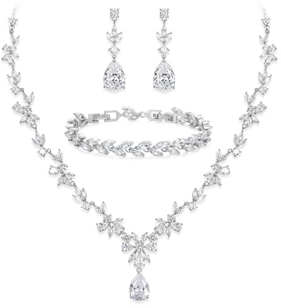 BriLove Gorgeous Wedding Jewelry Set for Women Bridal Cubic Zirconia Marquise Teardrop Leaf Cluster Y-Necklace Dangle Earrings Link Bracelet Clear Silver-Tone