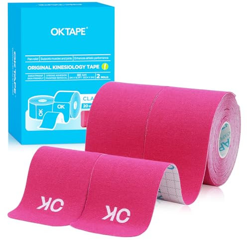 OK Tape Kinesiology Tape 25cm Pretagliato, 40 Strisce, Elastico Nastro Sportivo Per La Pelle, Adatto Per Ginocchia, Caviglie, Gomiti e Spalle(2 Rotoli,Rosa)