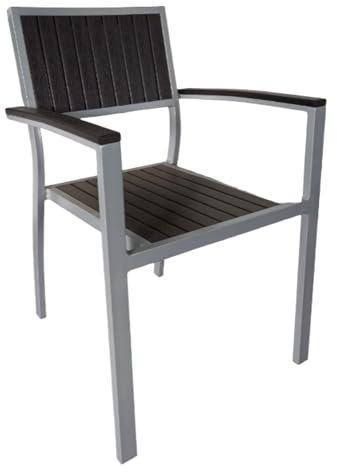 Hochwertiger Terrassenstuhl mit Armlehne wetterfest, Gartenstuhl aus Eukalyptusholz und Aluminiumgestell – Stapelbar | Anthrazit | Innen- und Außenbereich- AOC4003 (1)