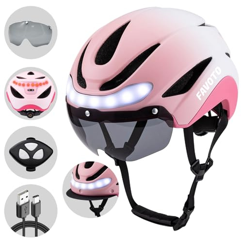 Favoto Casco da Bicicletta con Luce - Caschi Ciclismo per Uomo Donna Adulti con Luci Posteriori Circonferenza Regolabile Visiera Rimovibile L 59-61cm Rosa
