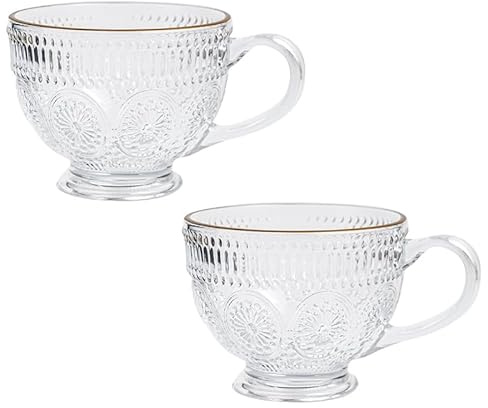FUENYEJIA Vintage Glass Coffee Mug，13.5 OZ Embossed Tea Cup Vintage Glassware for Breakfast, Ideal for Milk, Coffee, Cappuccino, Latte, Cereal, Yogurt (2)
