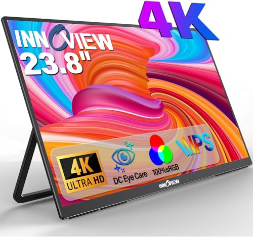 Innoview 23.8” 4K Large Portable Monitor, UHD (3840*2160) 100%sRGB IPS Speakers USB-C HDMI Work Home Second Monitor W/180°Adjustable Stand for Laptop, Desktop, Macbook, Phones, Tablet, PS5/4, Switch